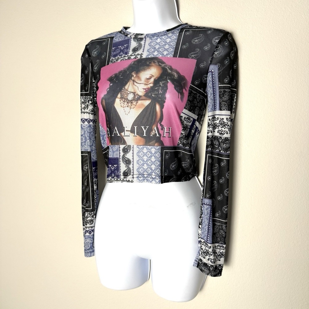 Aaliyah Sheer Mesh Long Sleeve Top Womens Medium Cropped Y2K Retro Pop Music